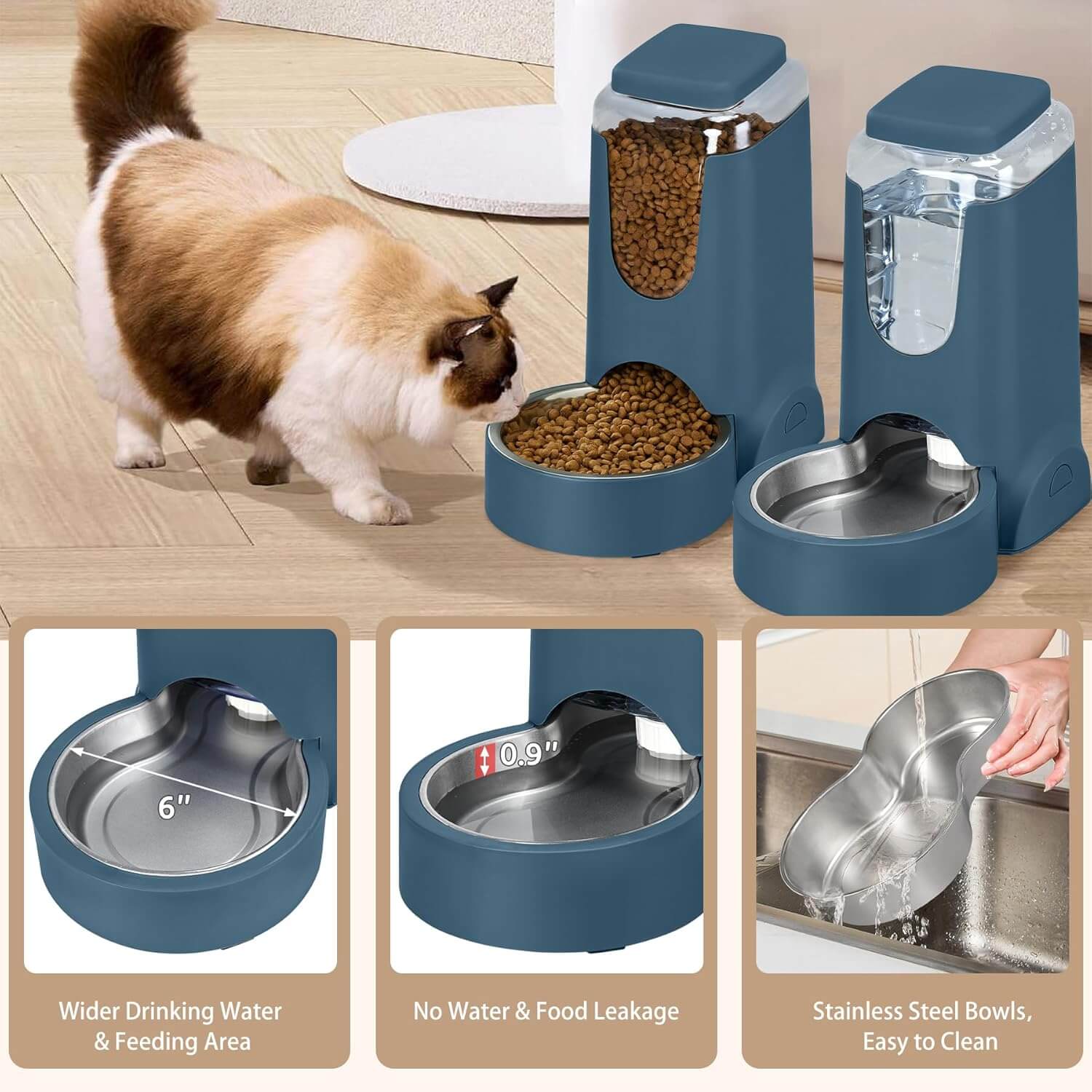 Automatic pet feeder and waterer set with stainless steel bowls, ideal for busy pet owners and easy to clean.