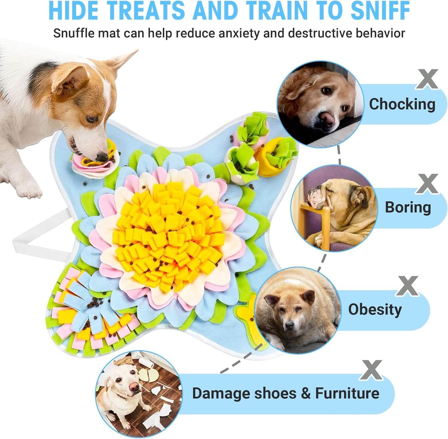 Snuffle mat for dogs showing features to hide treats, reduce anxiety, and promote interactive play.