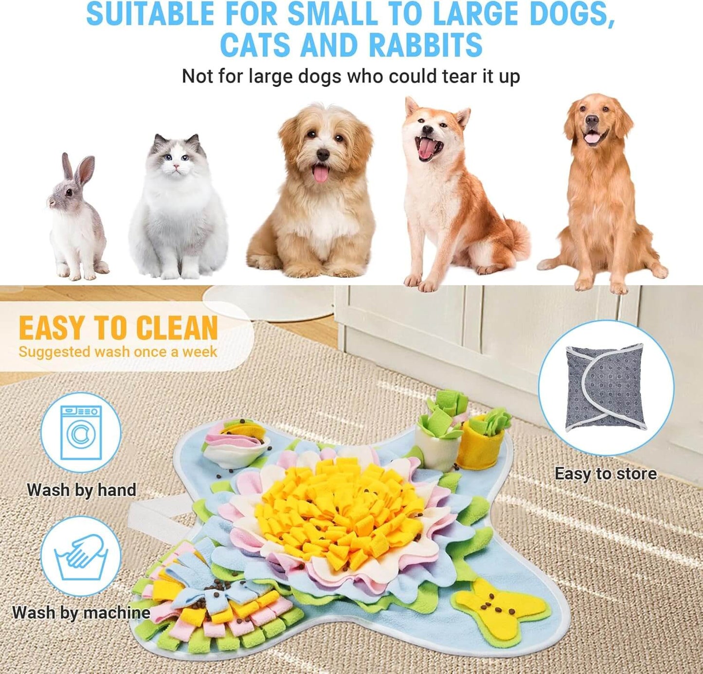 Snuffle mat for dogs designed for small to large dogs, cats, and rabbits, featuring easy clean and interactive play.