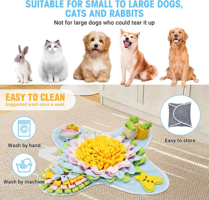 Snuffle mat for dogs designed for small to large dogs, cats, and rabbits, featuring easy clean and interactive play.