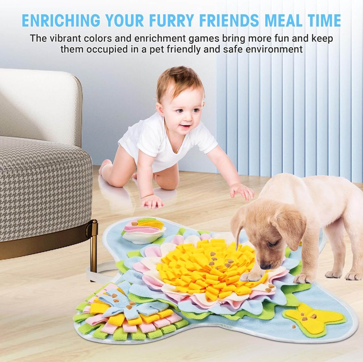 A snuffle mat for dogs providing interactive play, with a child and puppy engaging with the colorful design.