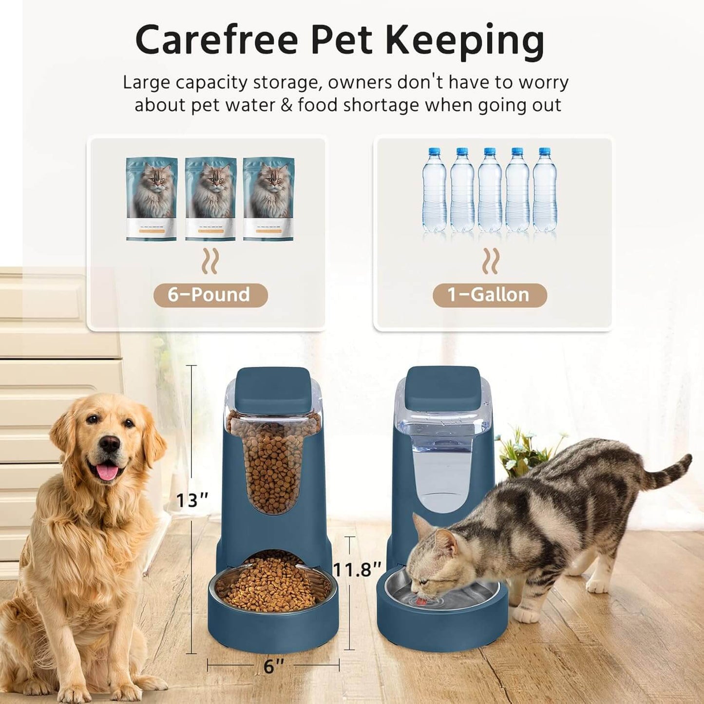 Automatic pet feeder and waterer set ideal for medium to large dogs and kittens, showcasing easy pet care solutions.