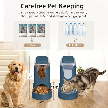Automatic pet feeder and waterer set ideal for medium to large dogs and kittens, showcasing easy pet care solutions.