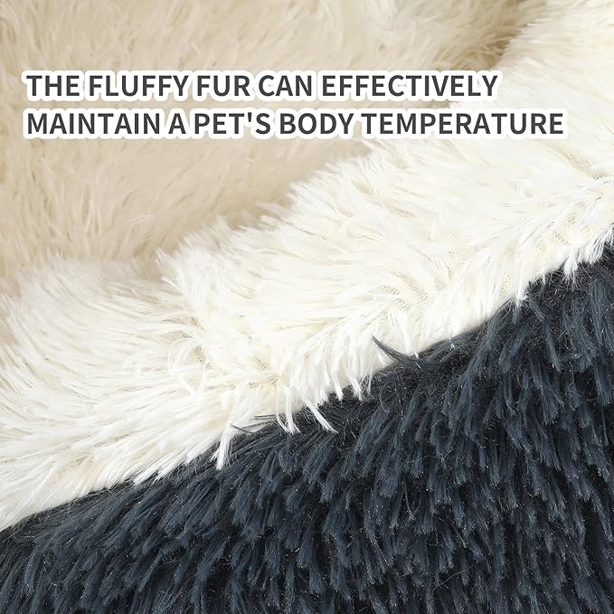 Close-up of plush hooded cave dog bed material