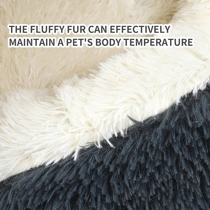 Close-up of plush hooded cave dog bed material