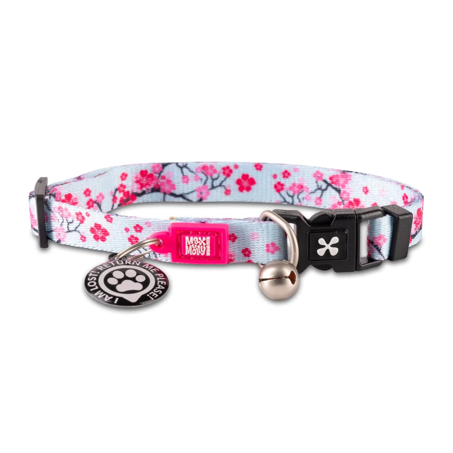 Dog collar with cherry blossom pattern, pink tag, and bell on a white background