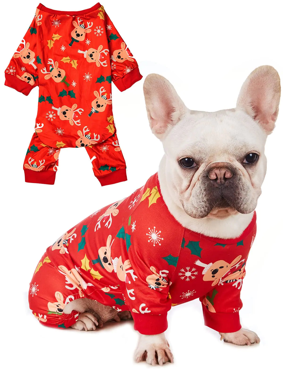 Dog wearing a red pajama set with Christmas-themed design, next to a matching outfit on a white background.