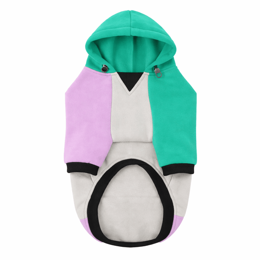 Premium fleece-lined dog hoodie in green, purple, and white with a pocket for comfort and style.