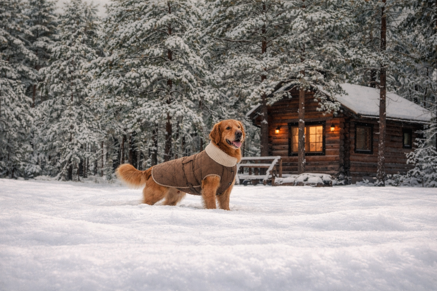 Dog wearing a sweater standing in the snow in front of a wooden cabin.