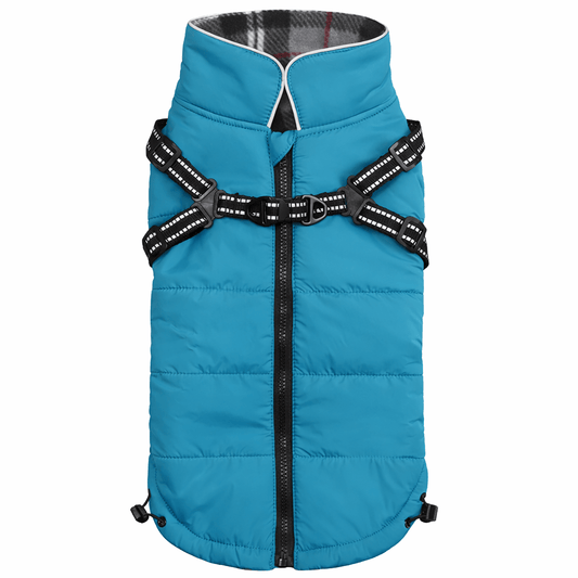 Hooded dog snow jacket in blue with harness straps and zipper for winter protection.