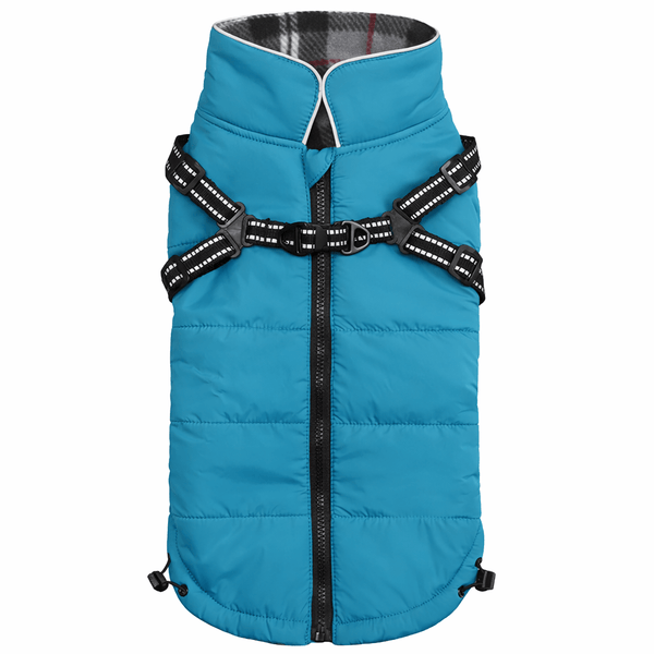 Hooded dog snow jacket in blue with harness straps and zipper for winter protection.