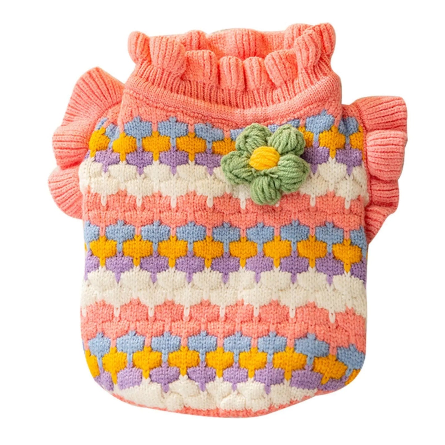 Colorful knitted pet sweater with a flower decoration on a white background