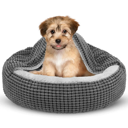 Puppy sitting in a gray pet bed on a white background