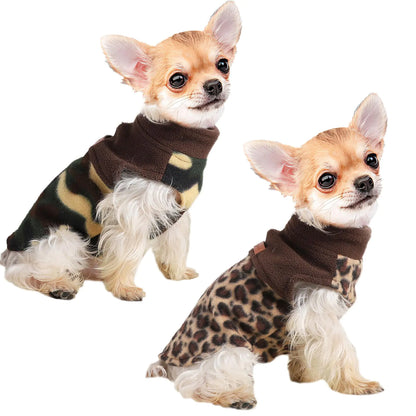 Two small dogs wearing brown sweaters with leopard print patterns on a white background