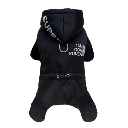 Premium windproof dog jumpsuit in black with hood, featuring 'I AM DOG RUNNER' text, designed for winter warmth.