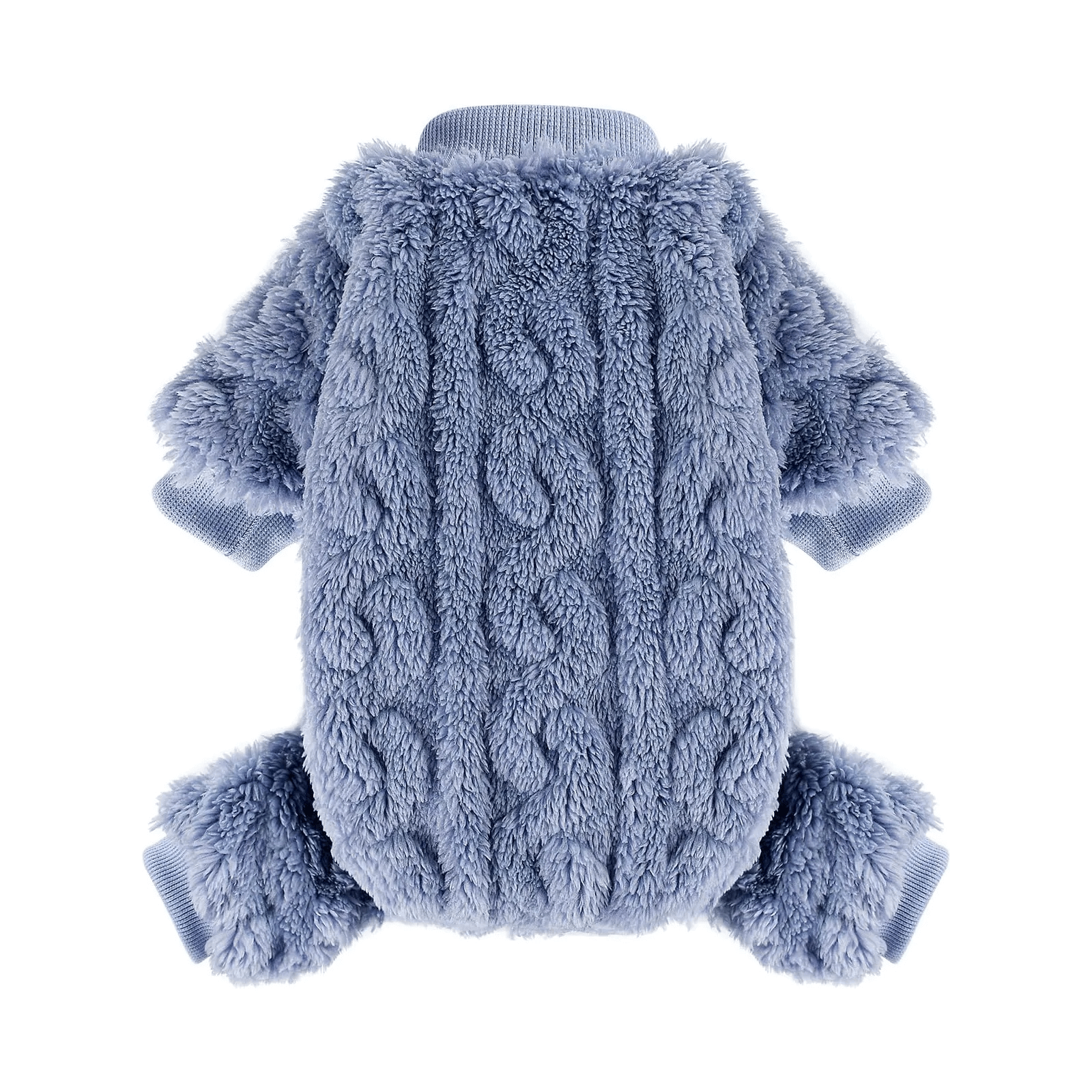 Fleece Pajamas for Small Dogs – 4-Leg Cozy Winter Jumpsuit in soft blue color, designed for warmth and comfort.
