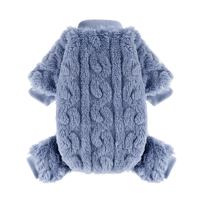Fleece Pajamas for Small Dogs – 4-Leg Cozy Winter Jumpsuit in soft blue color, designed for warmth and comfort.