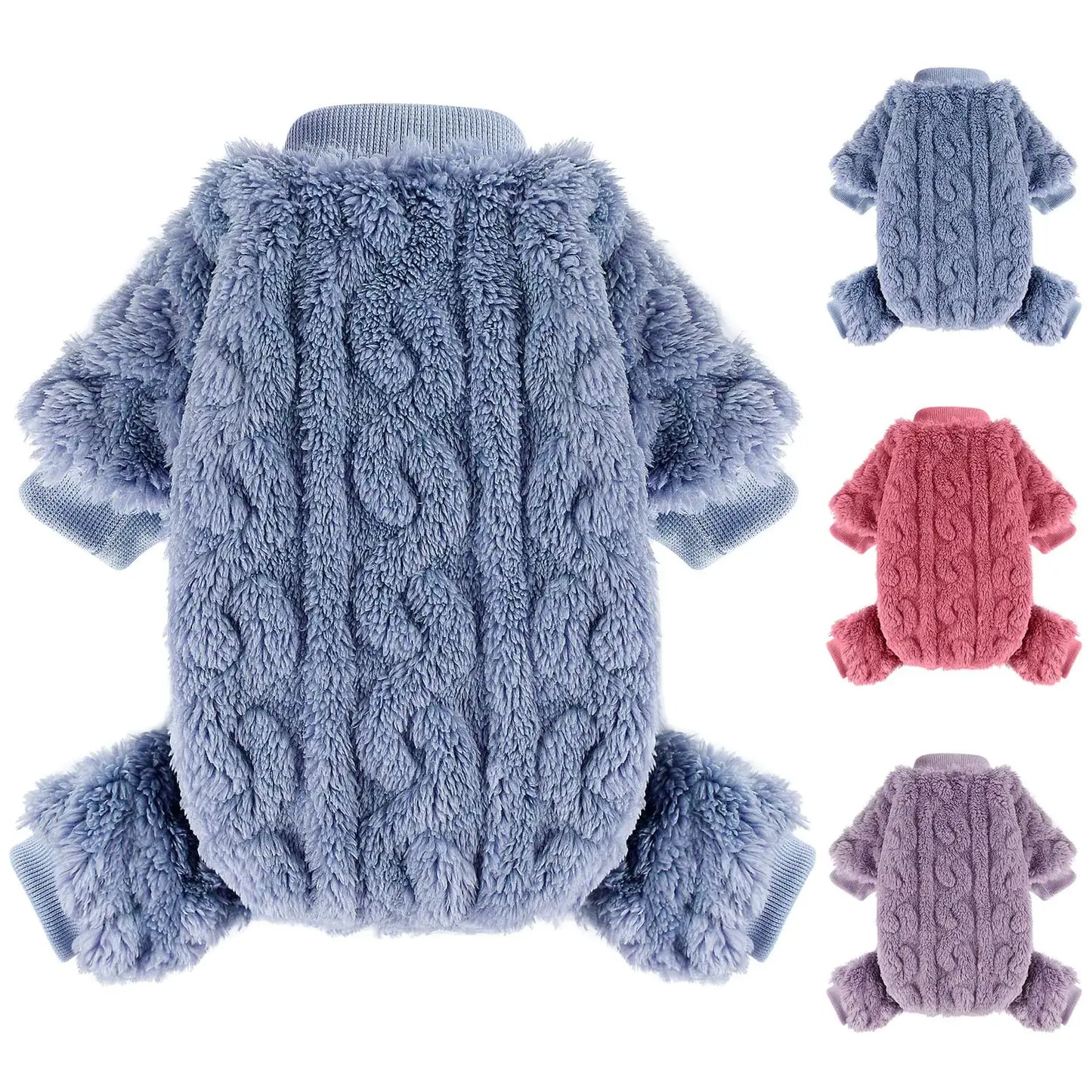 Fleece Pajamas for Small Dogs – 4-Leg Cozy Winter Jumpsuit in multiple colors, featuring a soft fleece material for warmth.