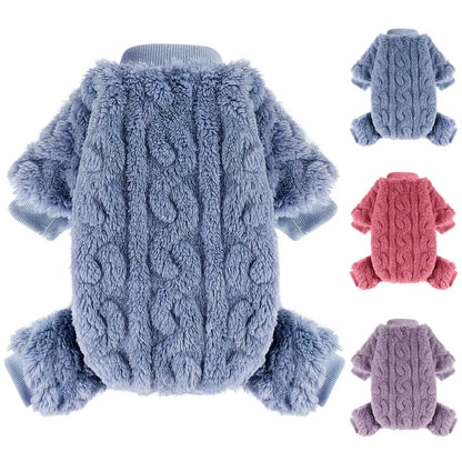 Fleece Pajamas for Small Dogs – 4-Leg Cozy Winter Jumpsuit in multiple colors, featuring a soft fleece material for warmth.