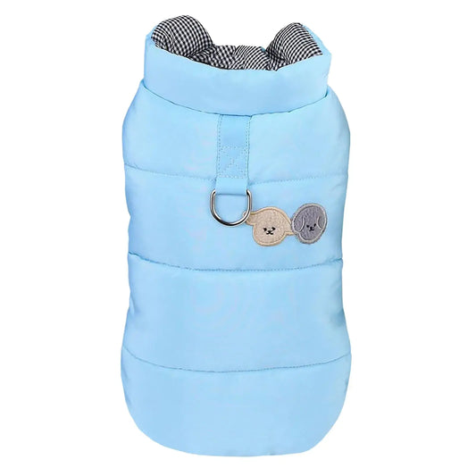 Premium windproof dog vest in blue color with soft lining and sleeveless design for comfort and warmth.