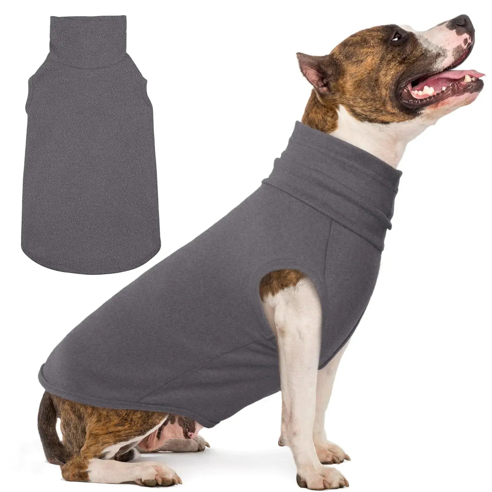 Premium velvet dog sweater for large dogs in gray on a dog with turtleneck design for warmth and comfort.