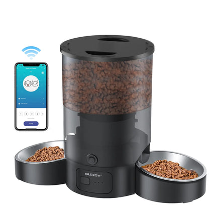 Pet food dispenser with two bowls of food and a smartphone app on a white background