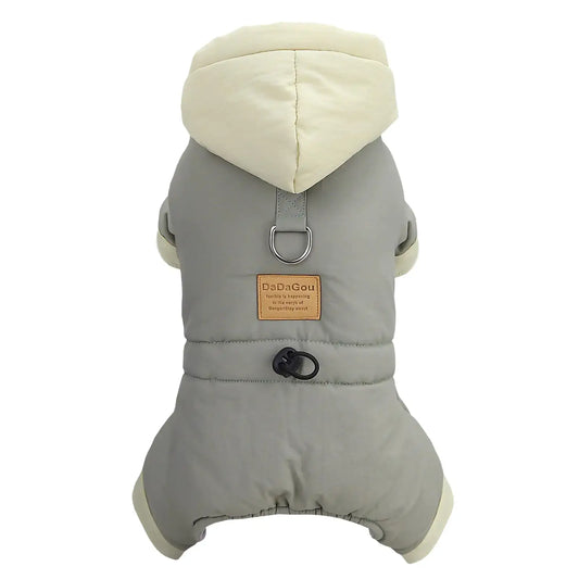Premium windproof dog jumpsuit in grey with hood and soft fleece lining for warmth and comfort.