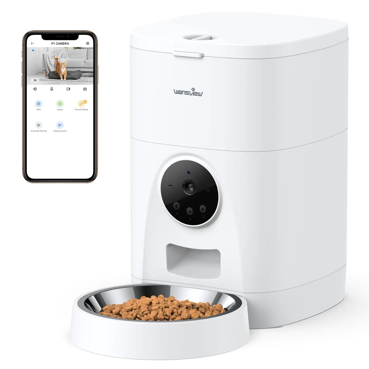 White pet feeder with bowl of food and smartphone displaying app interface on a white background