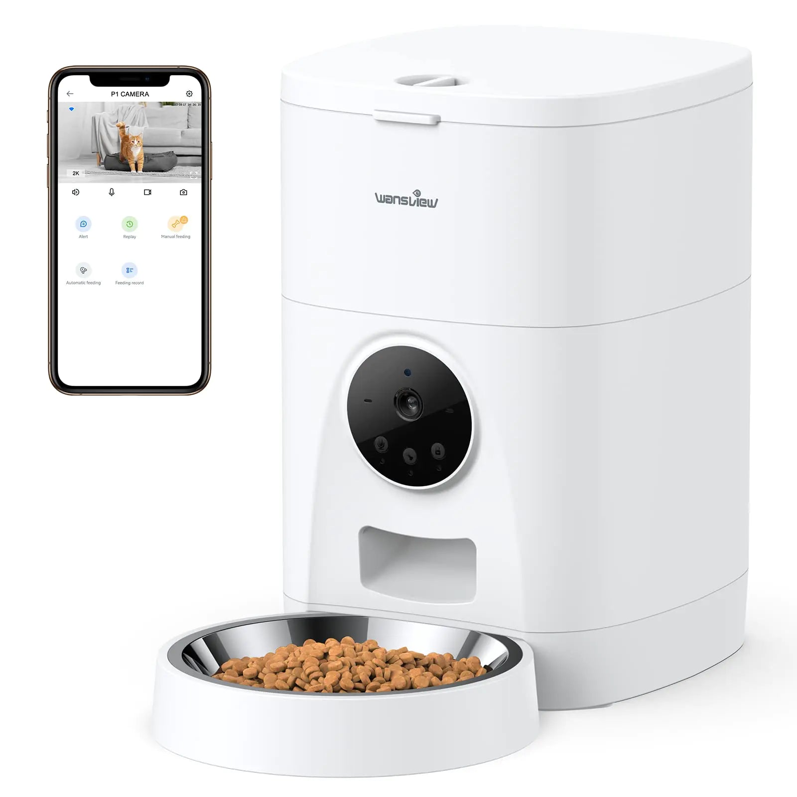 White pet feeder with bowl of food and smartphone displaying app interface on a white background