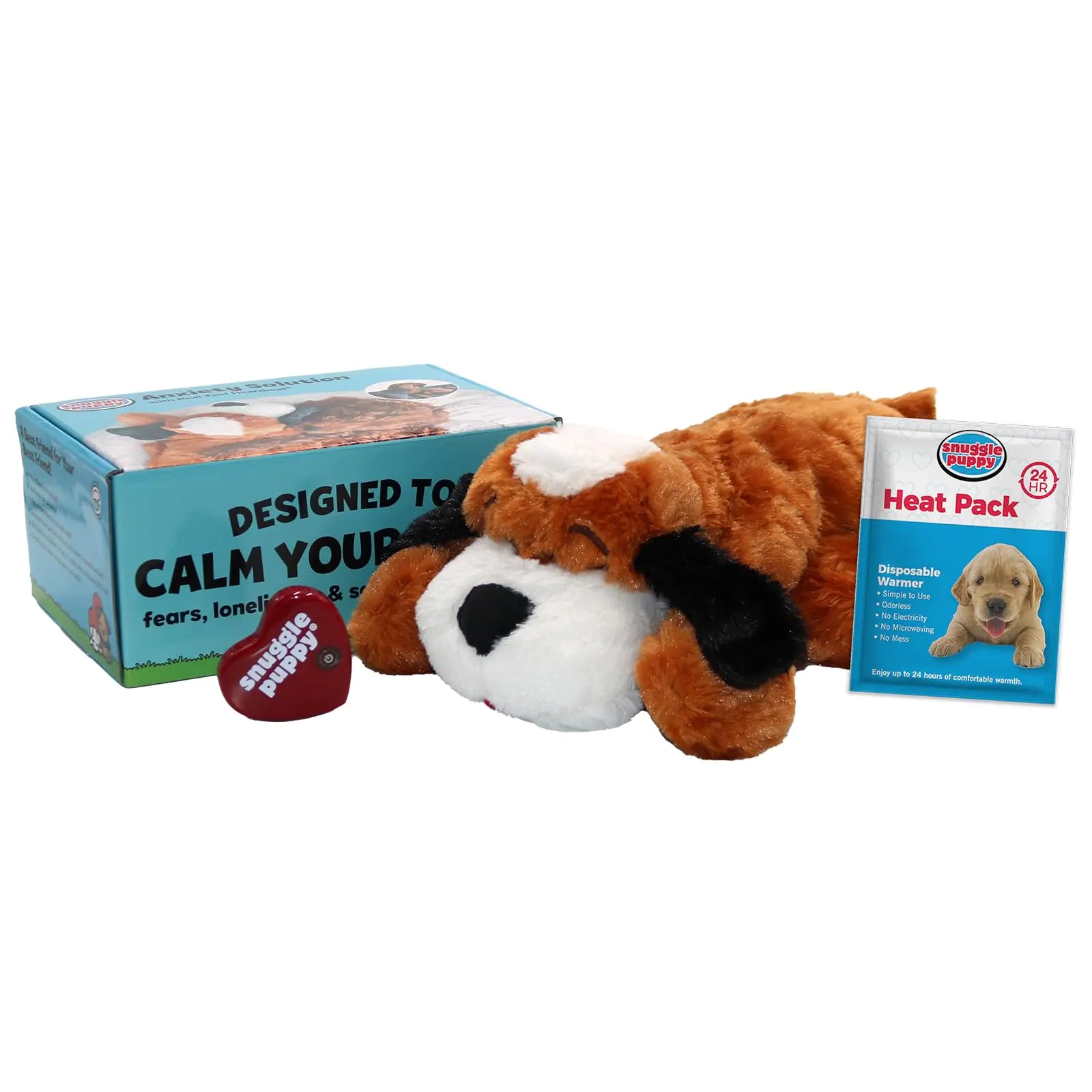 Dog plush toy with a heat pack and packaging on a white background