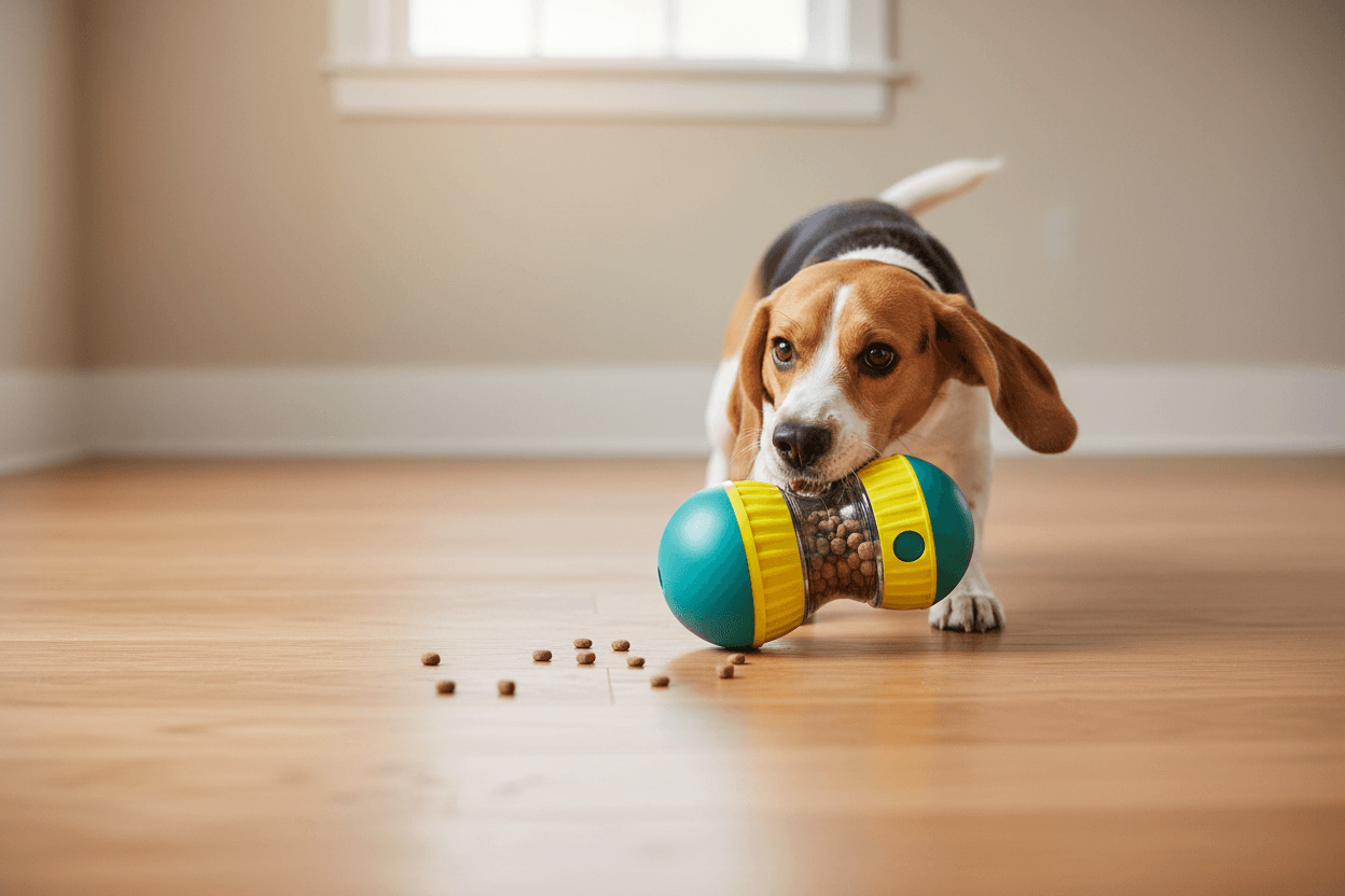 A beagle playing with a slow feeder dog toy, a colorful interactive treat ball dispenser, on a wooden floor.