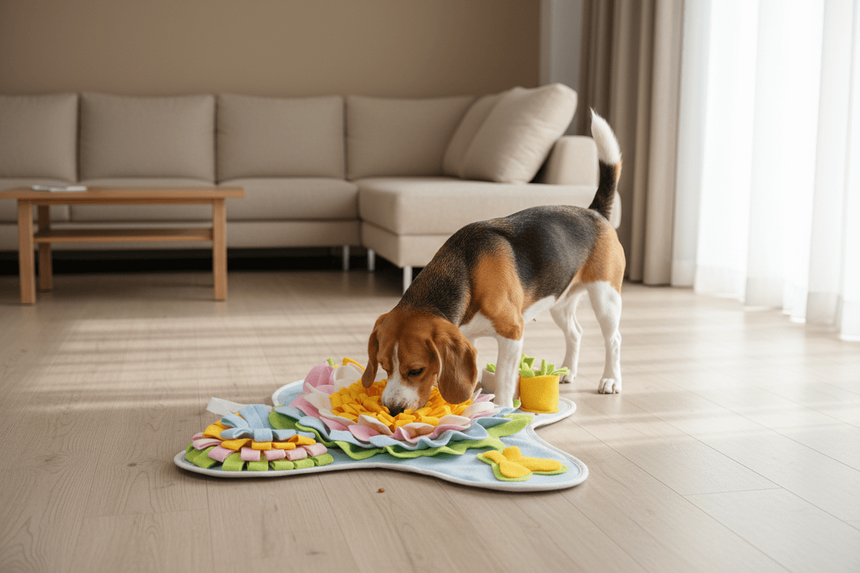 A dog exploring a colorful snuffle mat for dogs, engaging in interactive feeding and foraging play.
