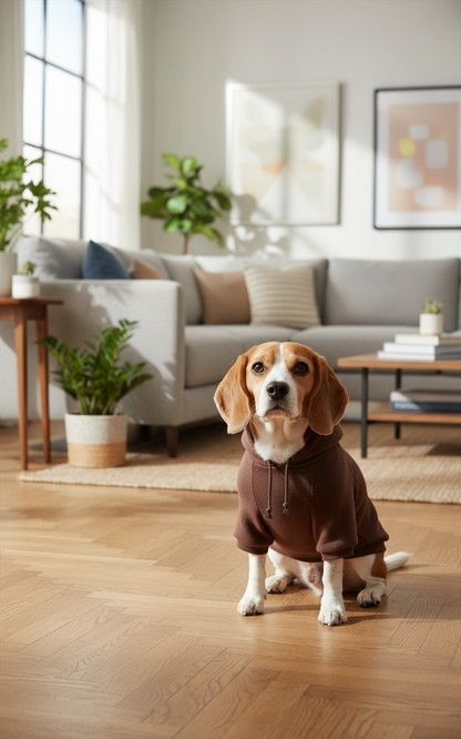 Beagle wearing brown hoodie - living room