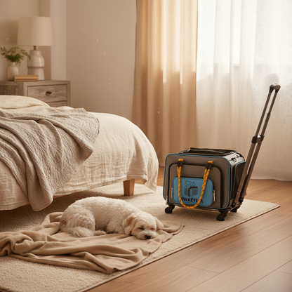 Bedroom with fluffy dog - side handle