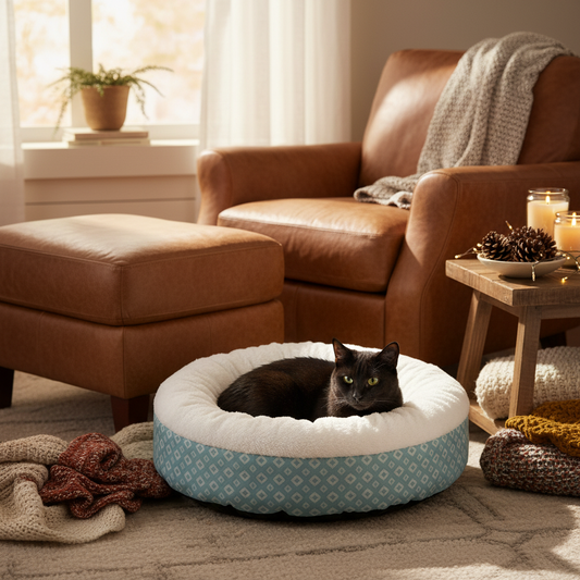 Black cat in warm living room corner
