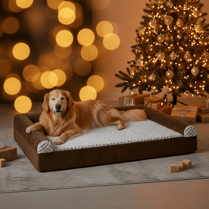 Orthopedic Dog Bed for Large Dogs | Memory Foam Couch with a golden retriever resting by a Christmas tree.