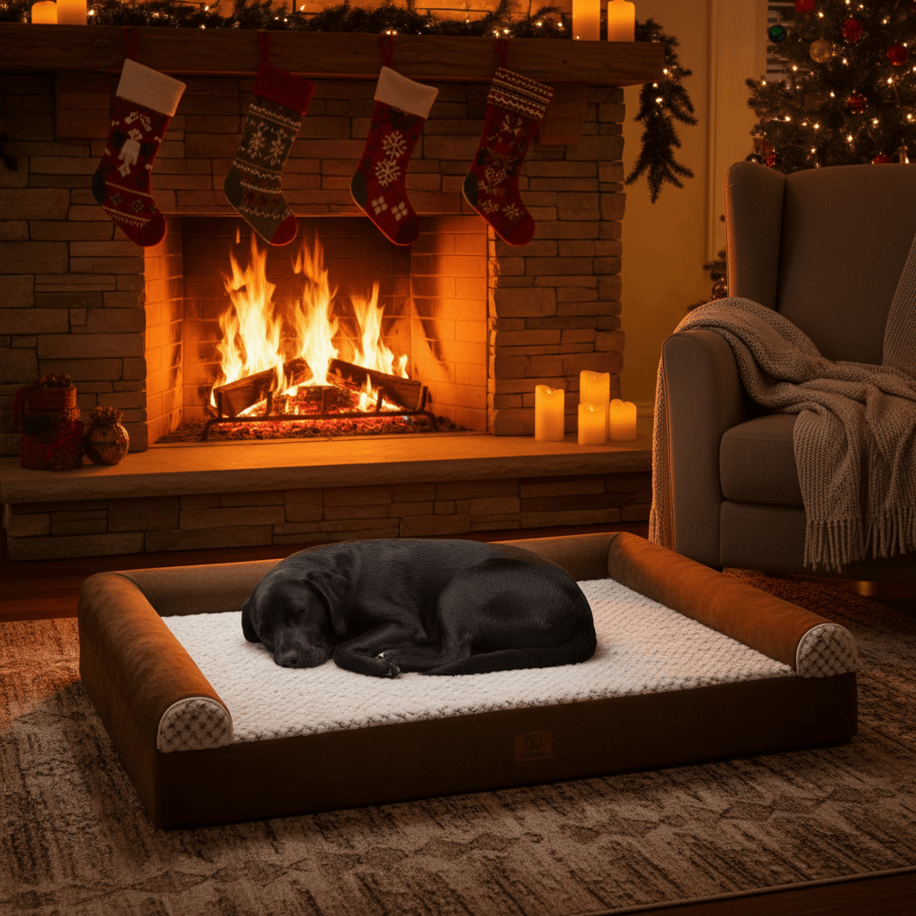 Orthopedic Dog Bed for Large Dogs | Memory Foam Couch with a dog sleeping in front of a cozy fireplace.