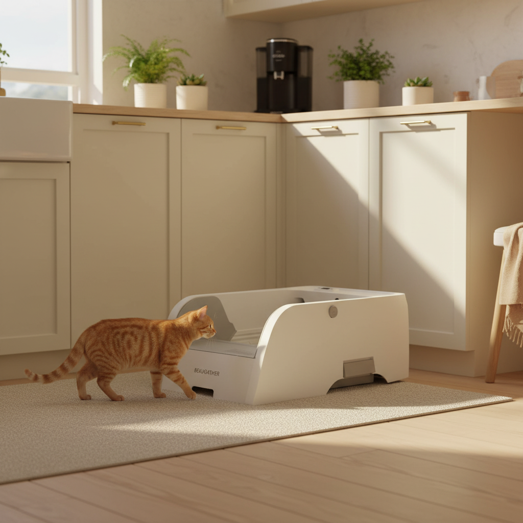Brown tabby cat in cozy kitchen