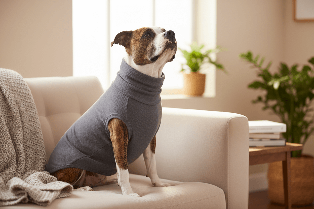 Large dog wearing a premium velvet dog sweater for large dogs, sitting on a couch in a cozy living room.
