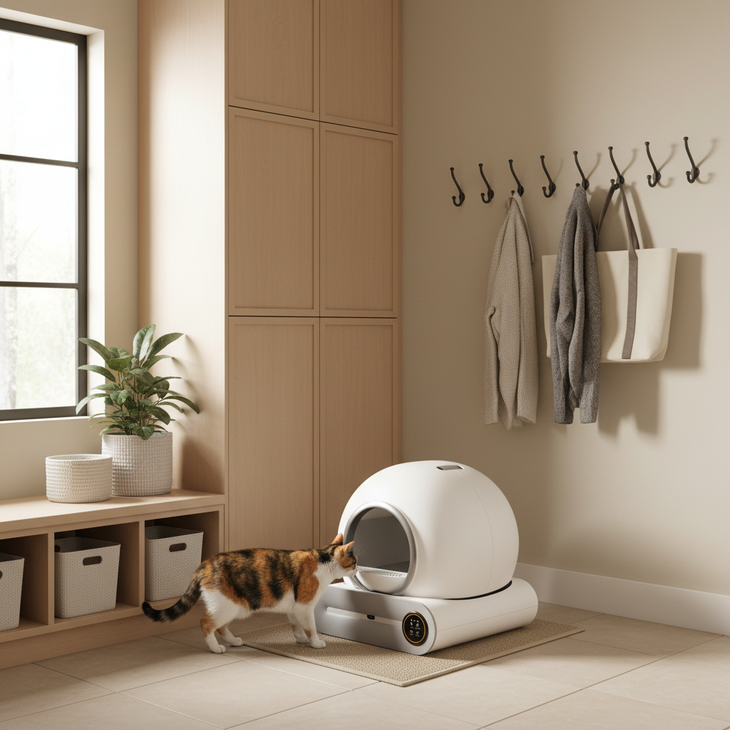 Calico cat with litter box in mudroom