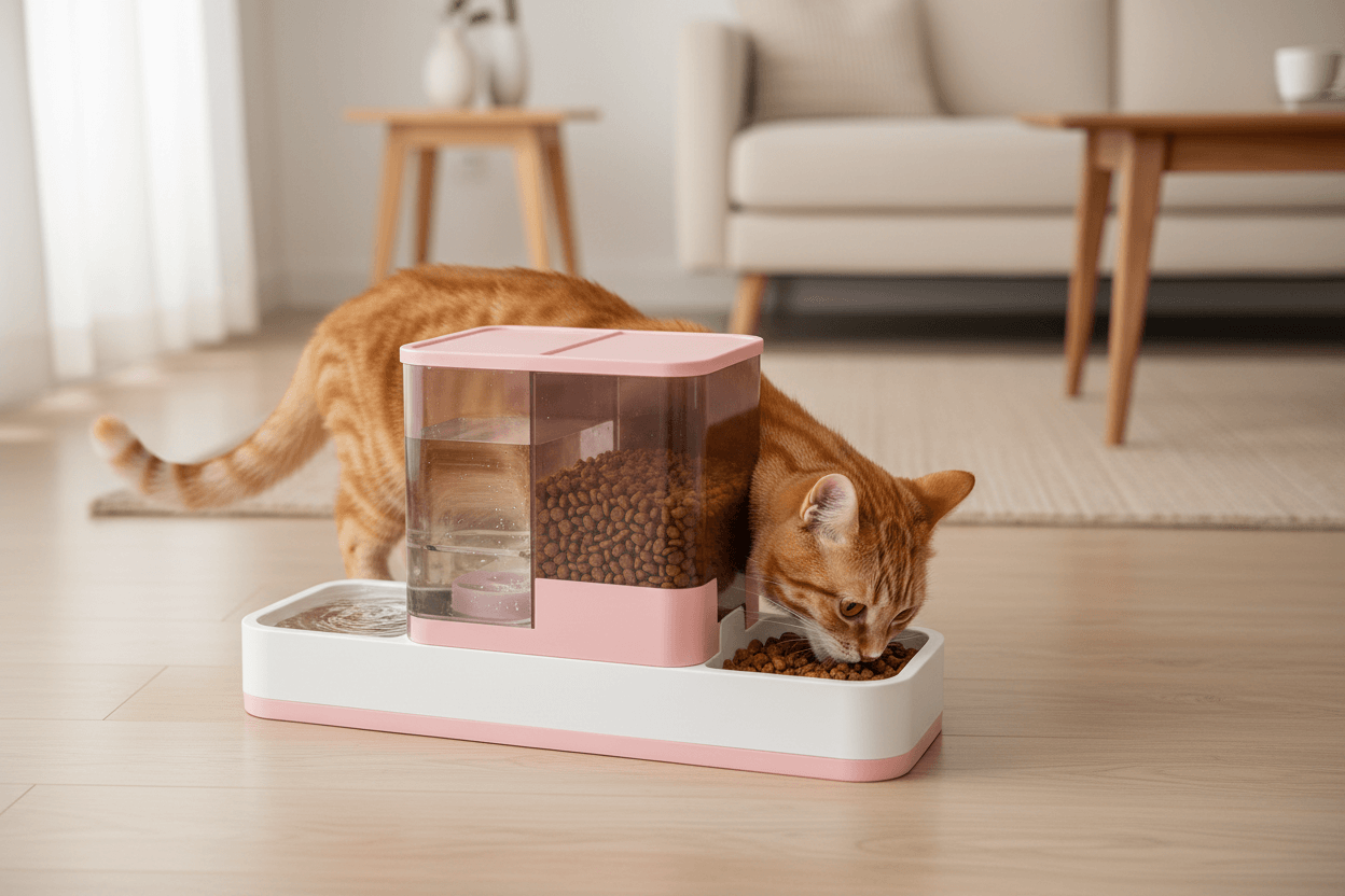 gravity pet feeder with an orange cat eating food from the bowl in a modern living room