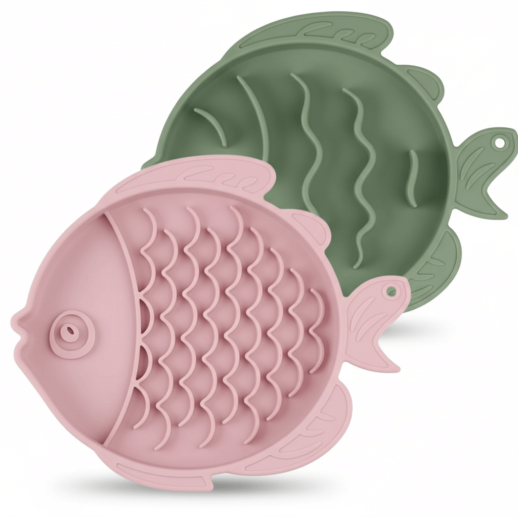 Cat slow feeder and lick mat set featuring pink and green fish-shaped designs for engaging mealtime.