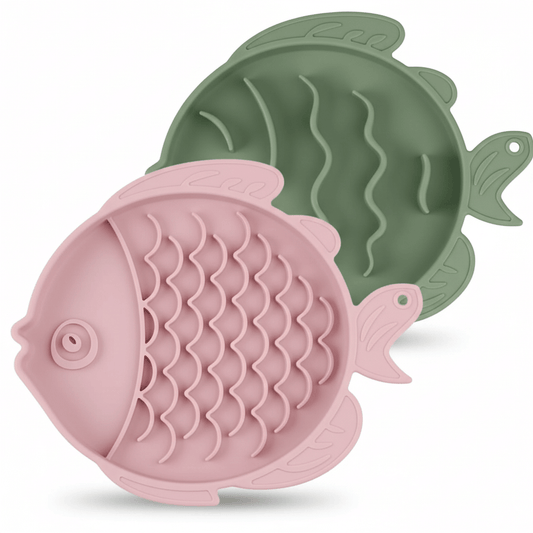 Cat slow feeder and lick mat set featuring pink and green fish-shaped designs for engaging mealtime.