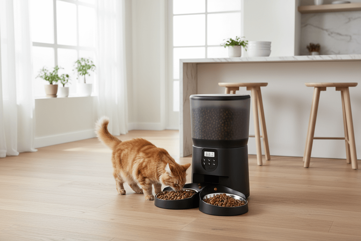 Cat eating from a dual pet automatic feeder with voice recording in a modern kitchen setting.