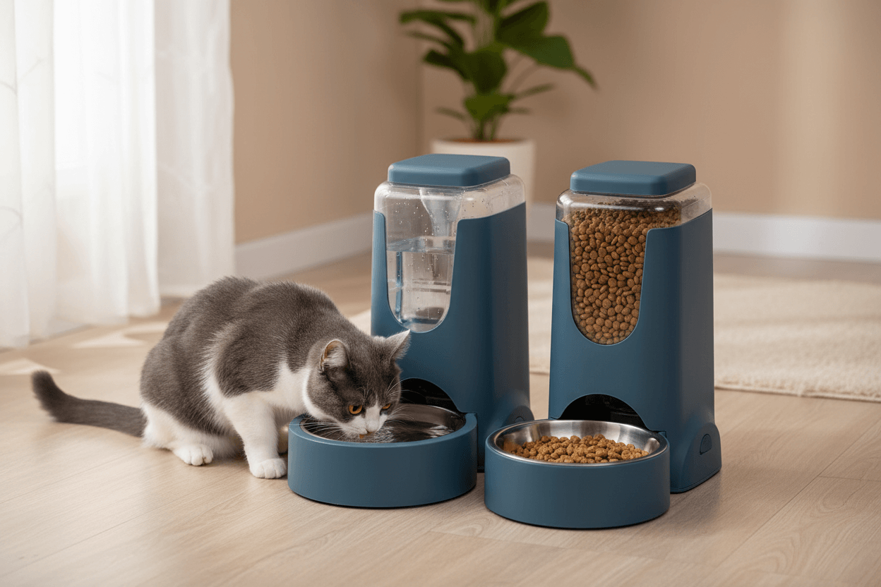 Automatic pet feeder and waterer set 2-pack with a cat enjoying a meal, gravity stainless steel design.