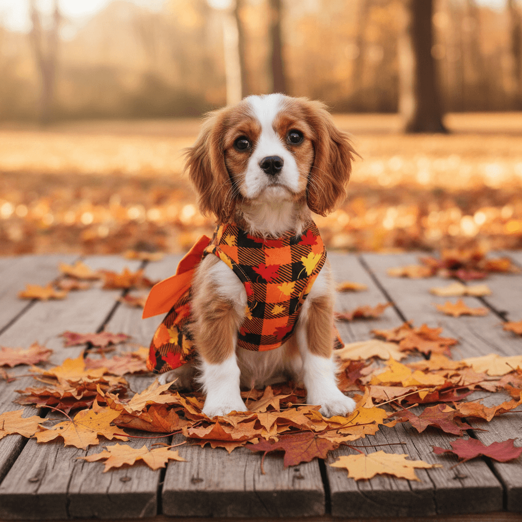 Autumn Plaid Puppy Dress – Maple Style on a dog surrounded by autumn leaves in a cozy setting.