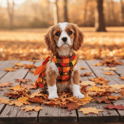 Autumn Plaid Puppy Dress – Maple Style on a dog surrounded by autumn leaves in a cozy setting.