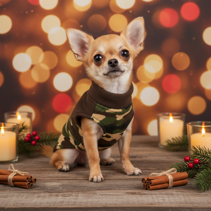 Chihuahua in camo sweater holiday scene