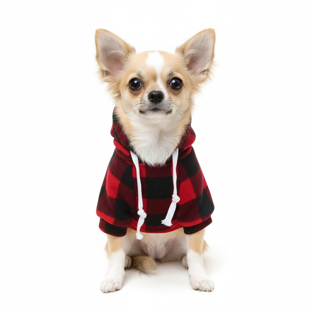 Chihuahua in geruite hoodie