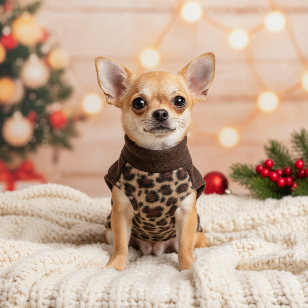 Chihuahua in leopard sweater holiday scene